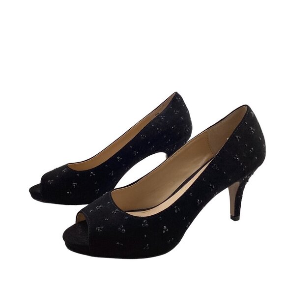 Luxe By Carmen Marc Valvo Heels Size 8 Faith Womens Black Peep Toe Beaded - Picture 5 of 8